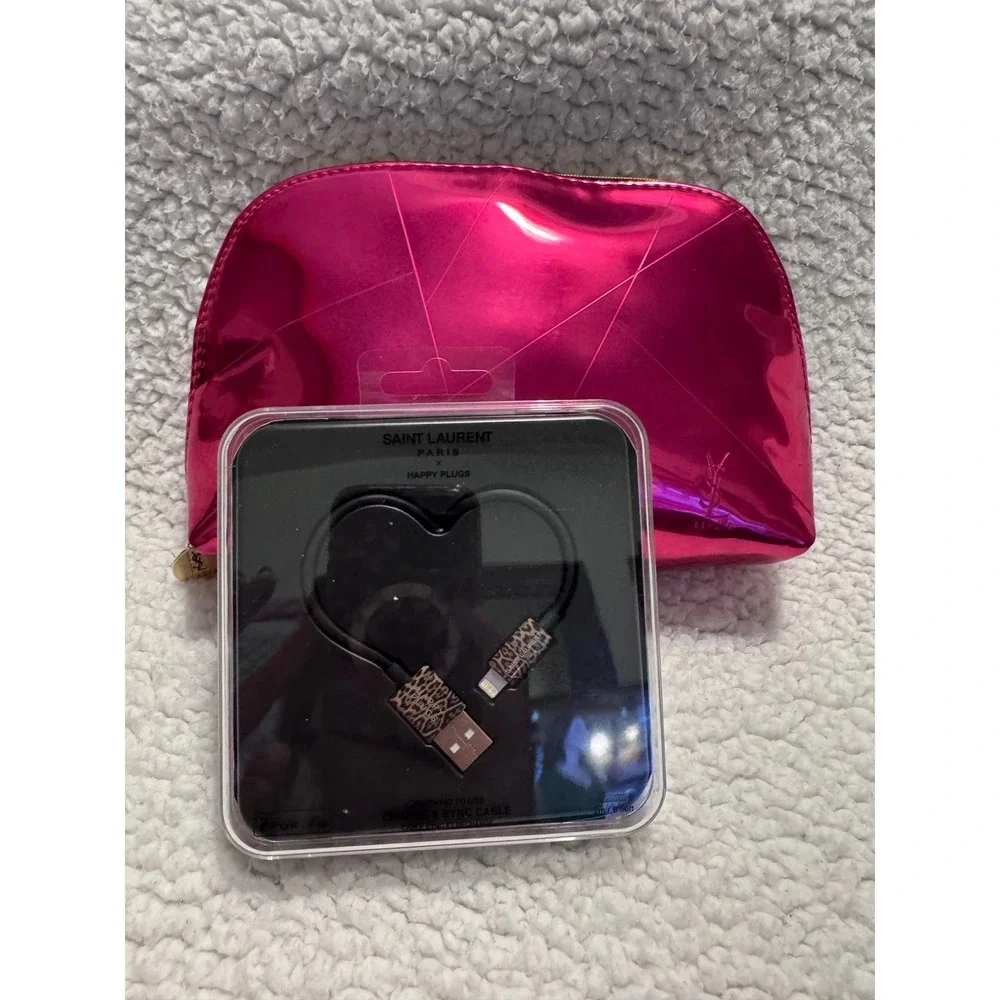 Saint Laurent x Happy Plugs Leopard Lightning Cable & Pink YSL Beauté Pouch Set